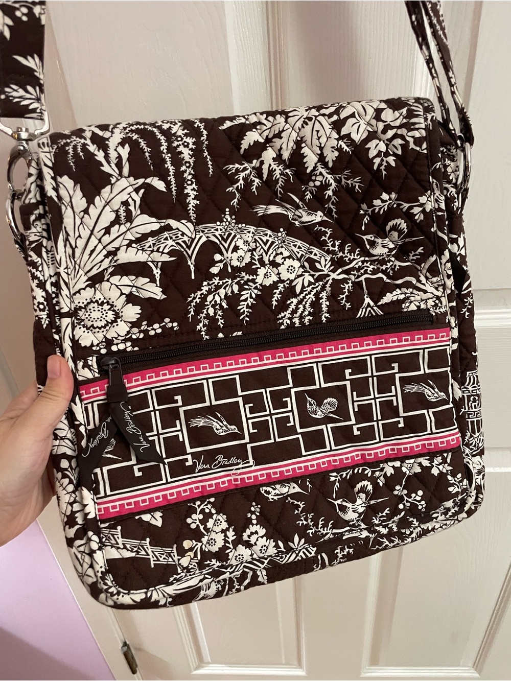 Vera Bradley Black and White Floral Quilted Messenger with Pink Accent